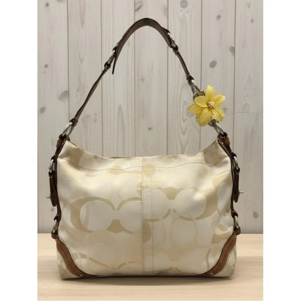 Vintage Coach Carly Hobo Bag Cream Tan Optic Signature Jacquard Canvas Y2K 11962